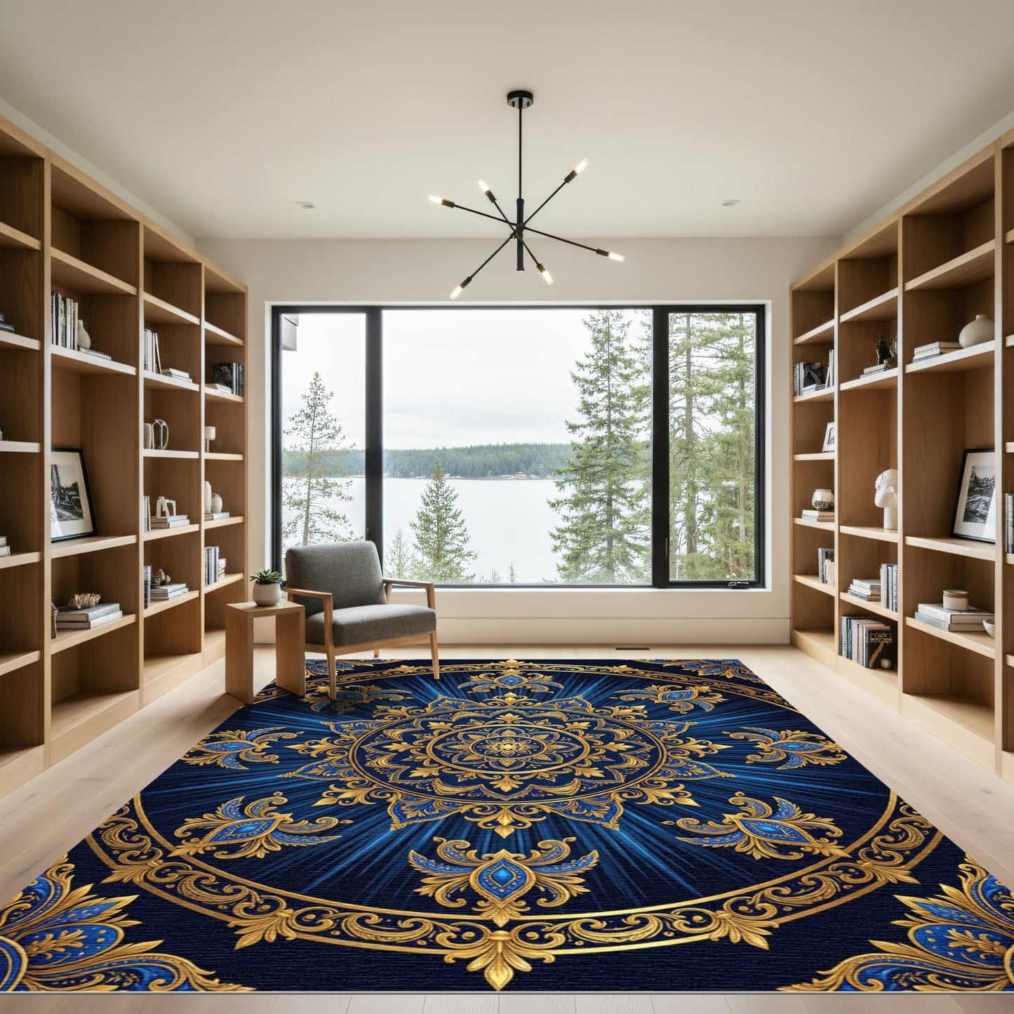 Ornate Navy Blue Golden Filigree Medallion Rug