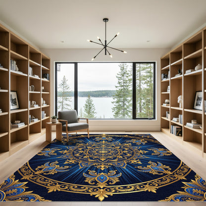 Ornate Navy Blue Golden Filigree Medallion Rug