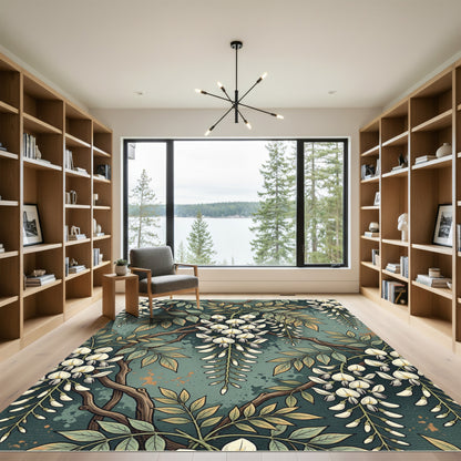 Elegant White Wisteria Botanical Sage Rug