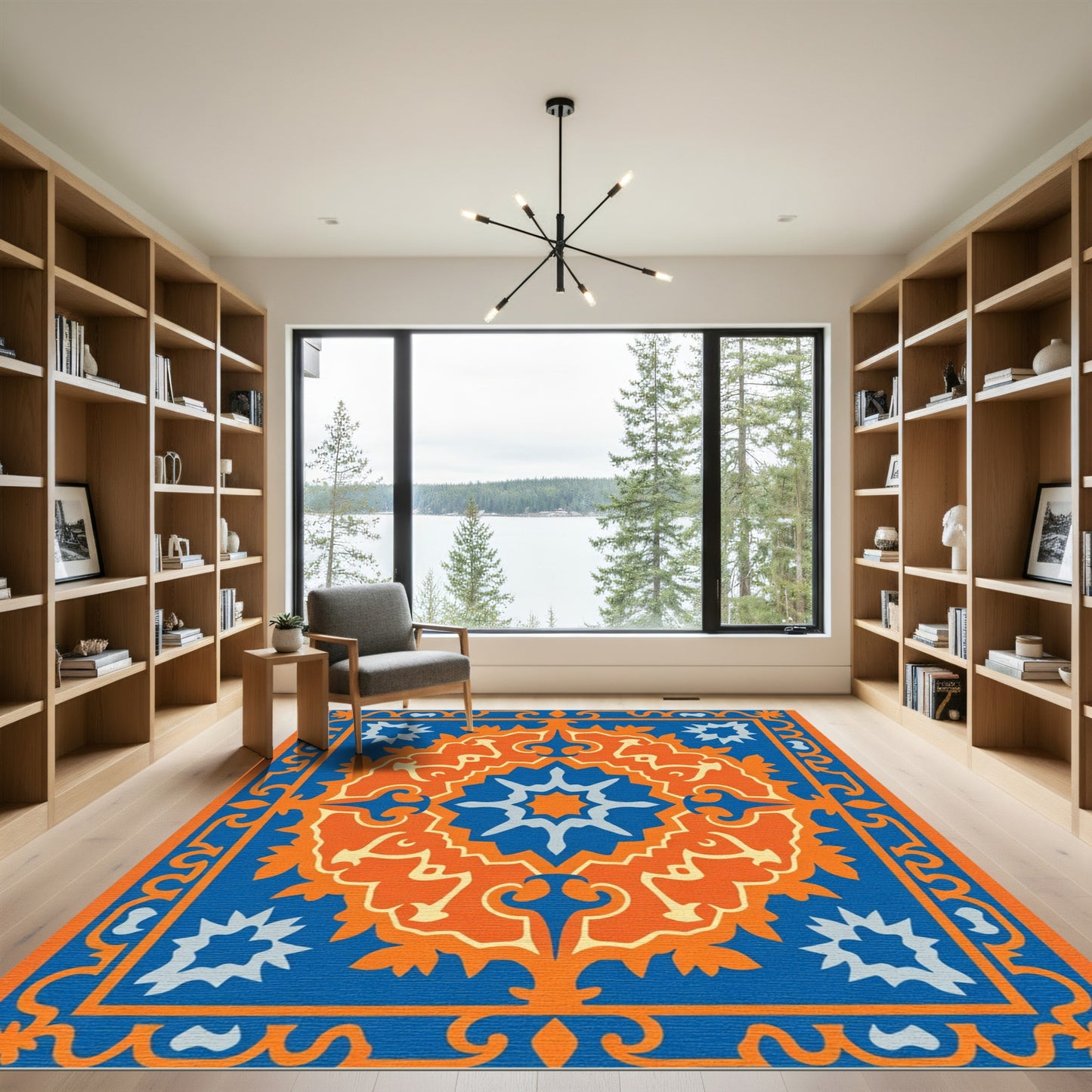 Vibrant Orange Blue Medallion Rug