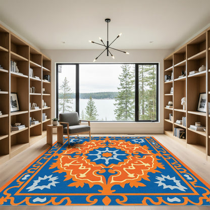 Vibrant Orange Blue Medallion Rug