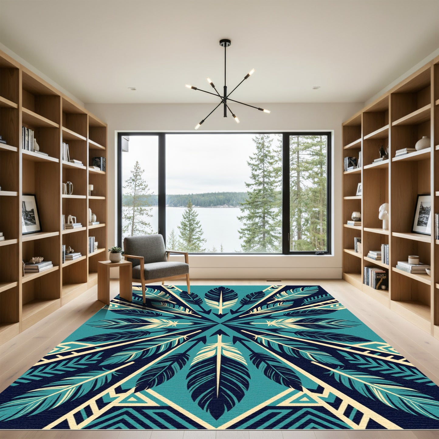 Teal Feather Geometric Arrow Symmetry Rug