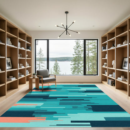Teal Coral Glitch Stripe Abstract Rug