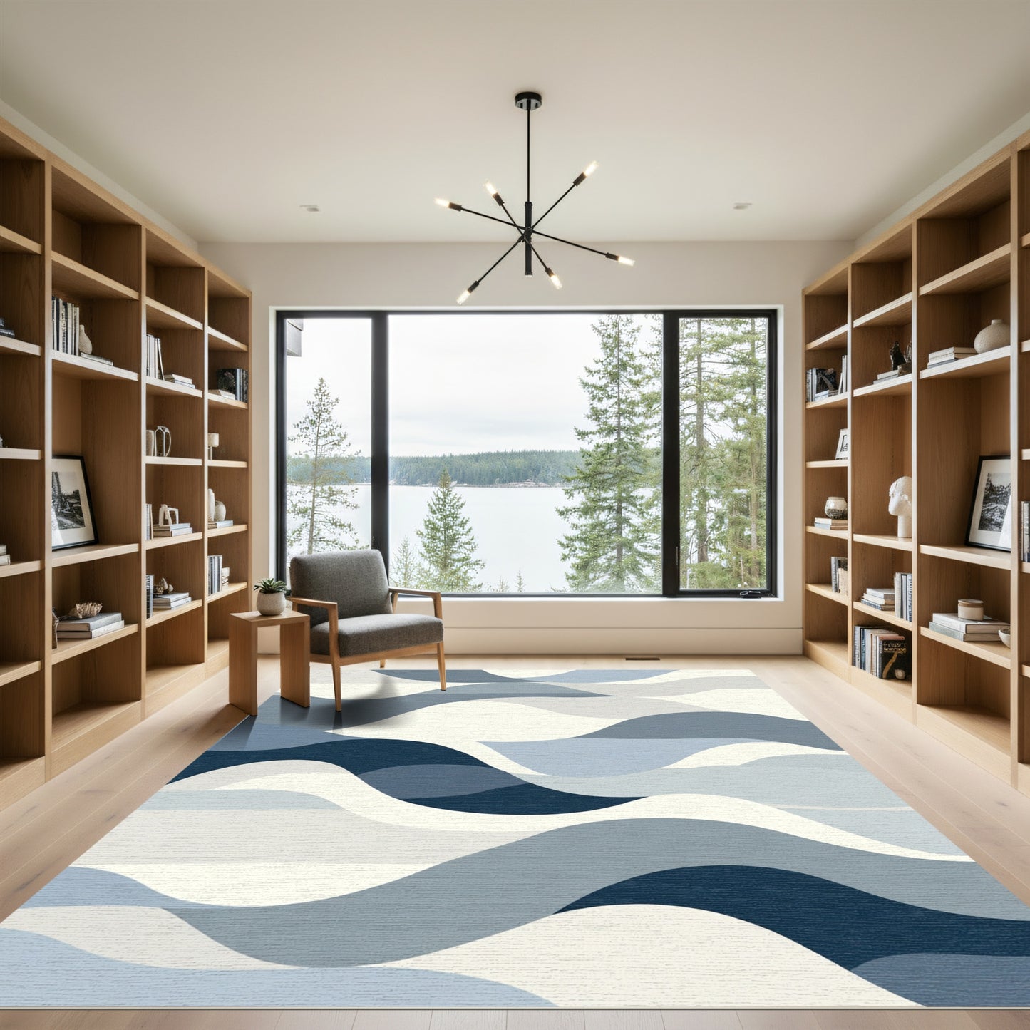 Serene Blue Tonal Wave Landscape Rug