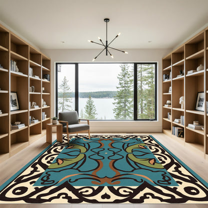 Teal Green Black Floral Medallion Rug