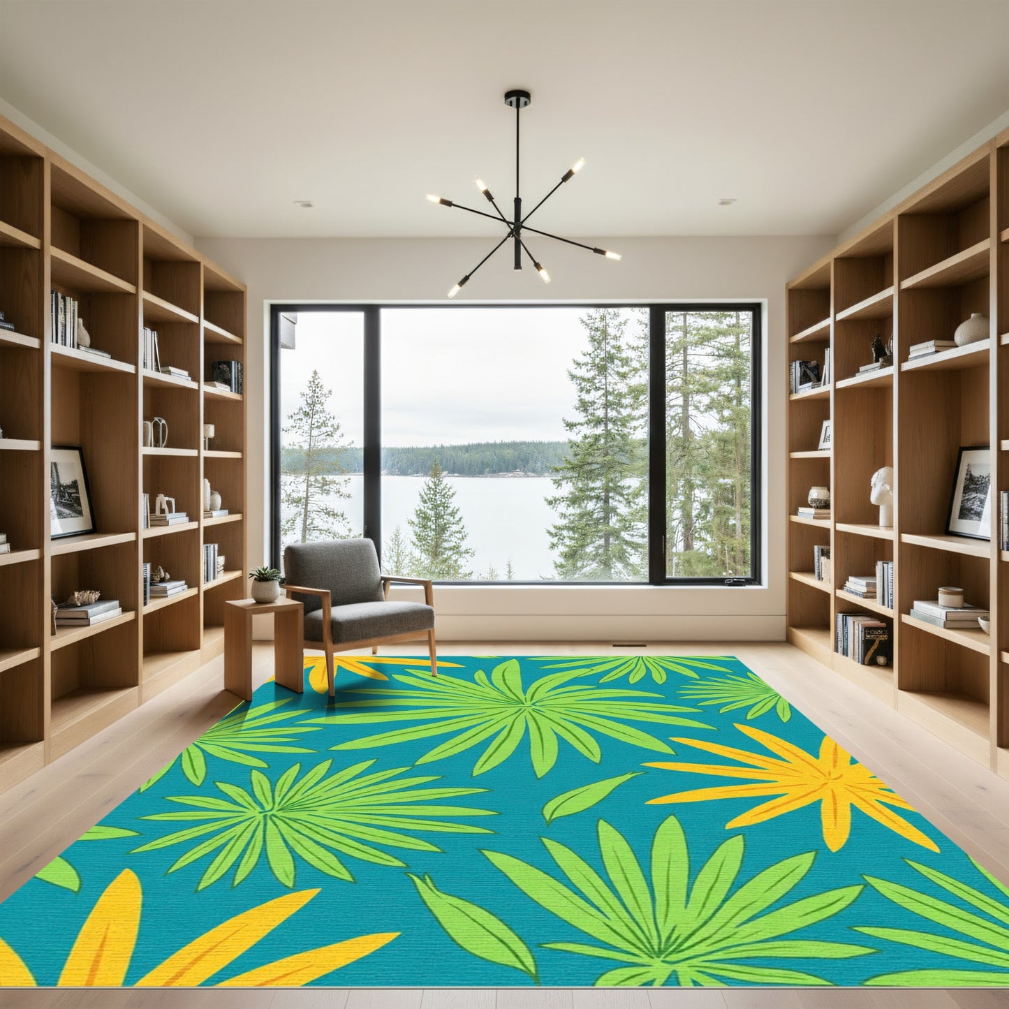 Tropical Green Leaf Yellow Bloom Rug