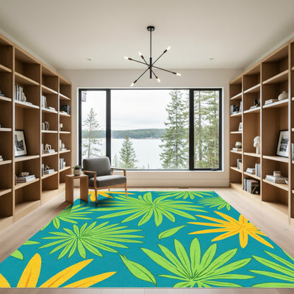Tropical Green Leaf Yellow Bloom Rug
