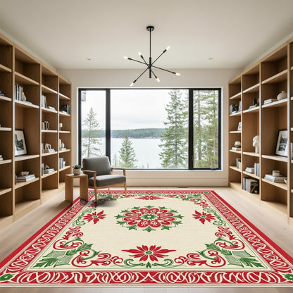 Classic Red Green Floral Mandala Rug