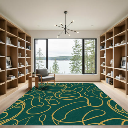 Deep Teal Gold Abstract Swirl Rug