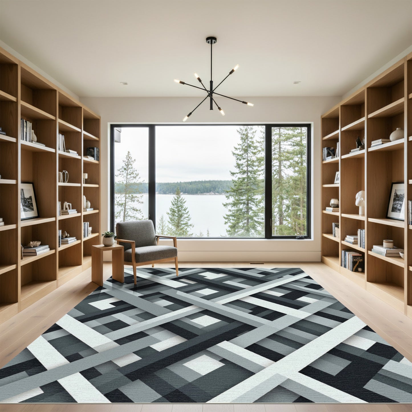 Monochrome Geometric Intersecting Linear Art Rug
