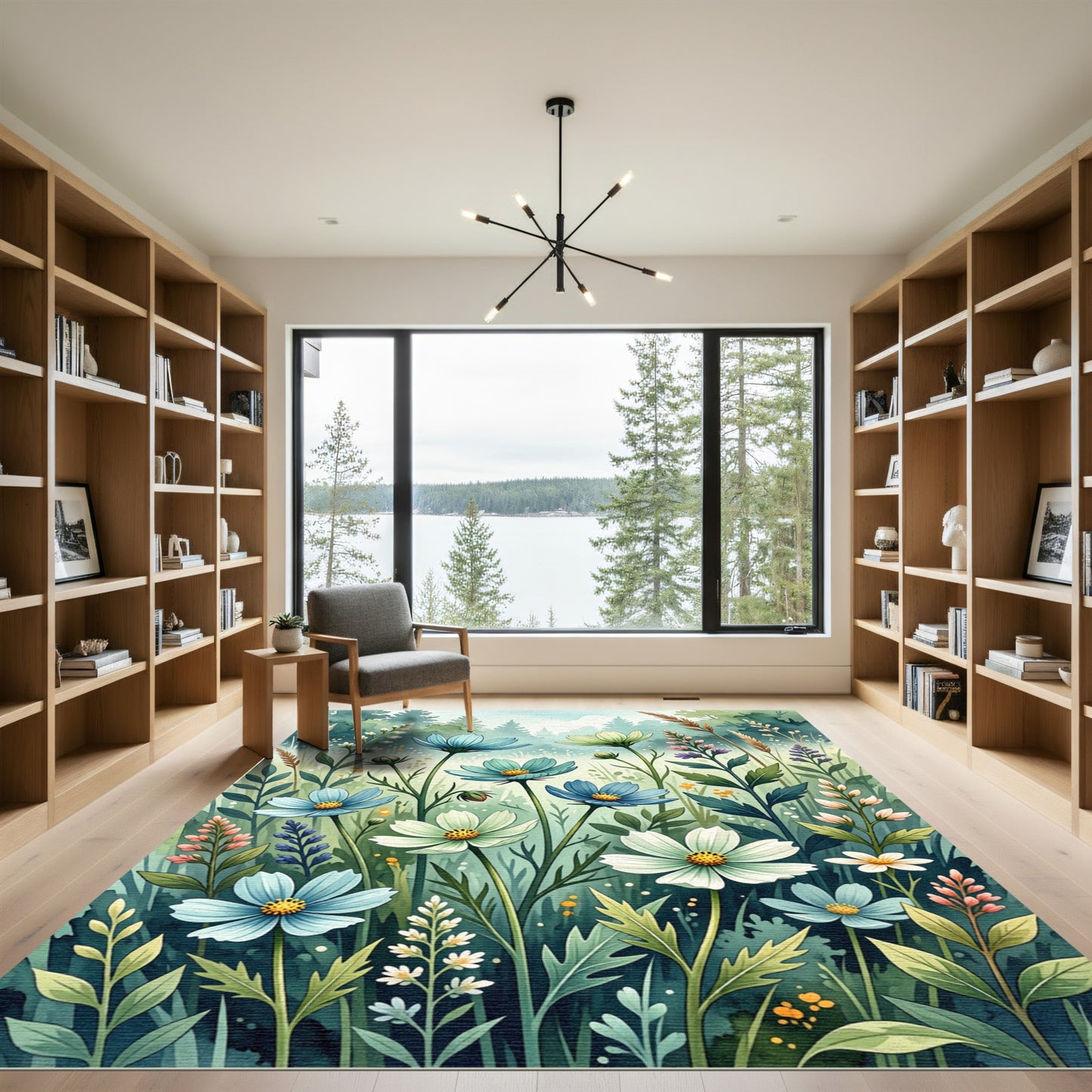 Watercolor Blue Wildflower Meadow Botanical Rug