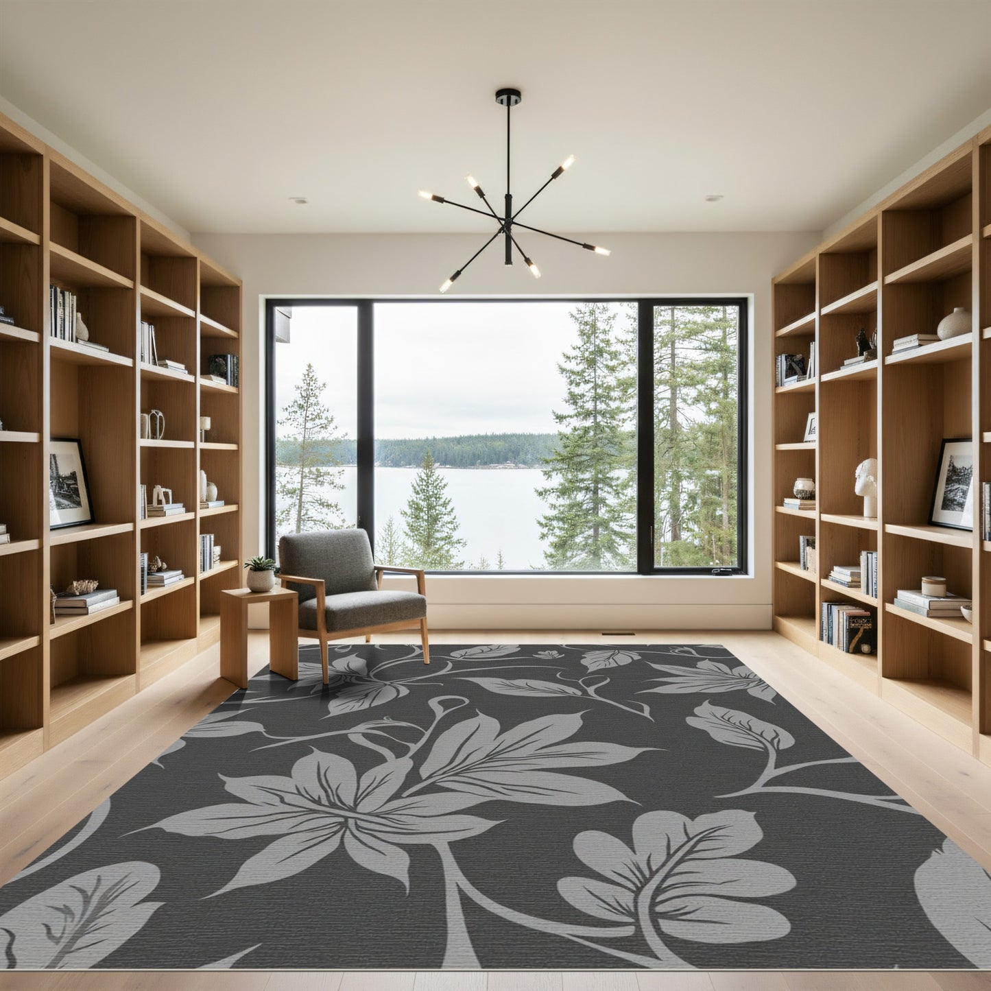 Charcoal Gray Floral Vine Rug