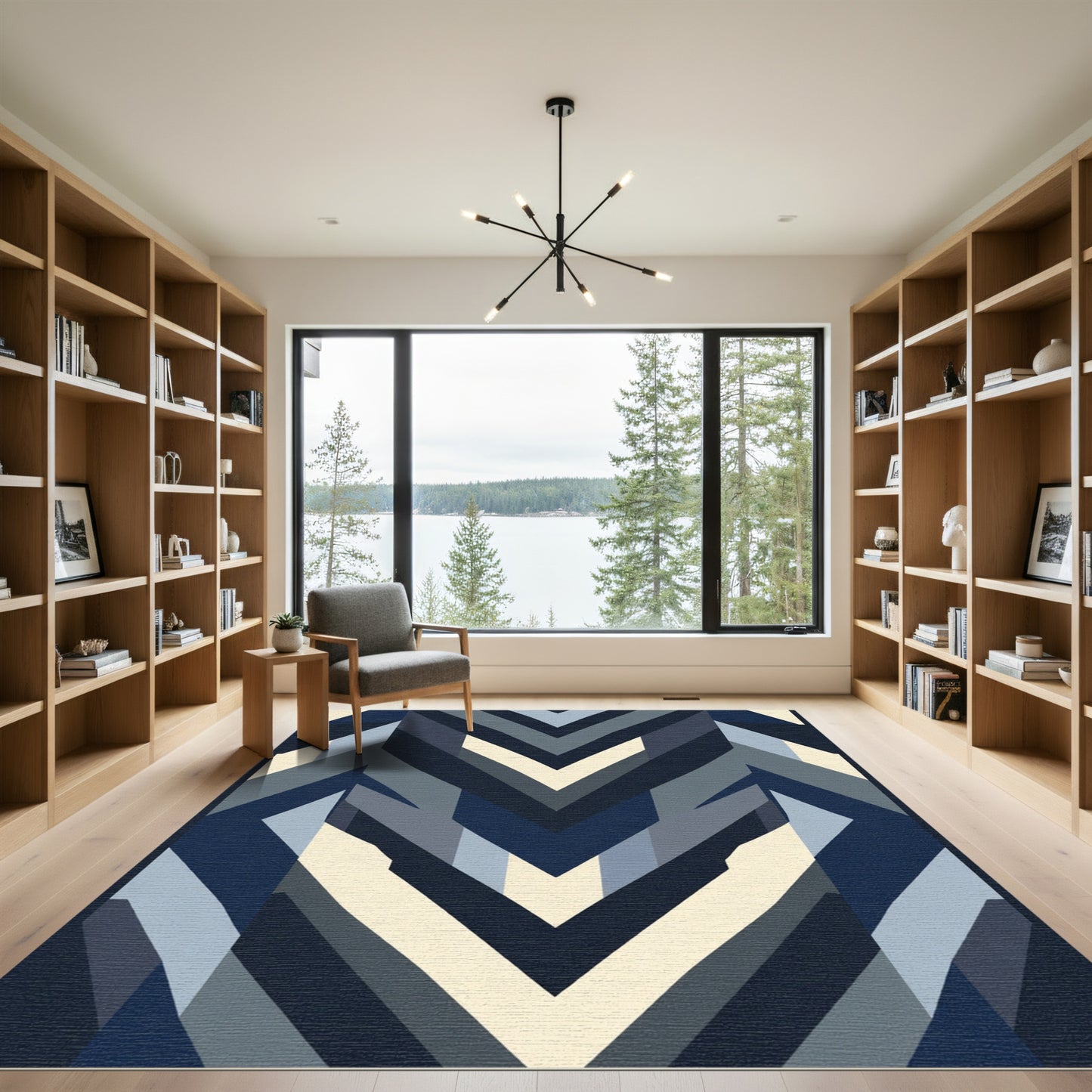 Modern Navy Geometric Chevron Rug