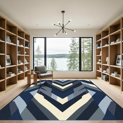 Modern Navy Geometric Chevron Rug