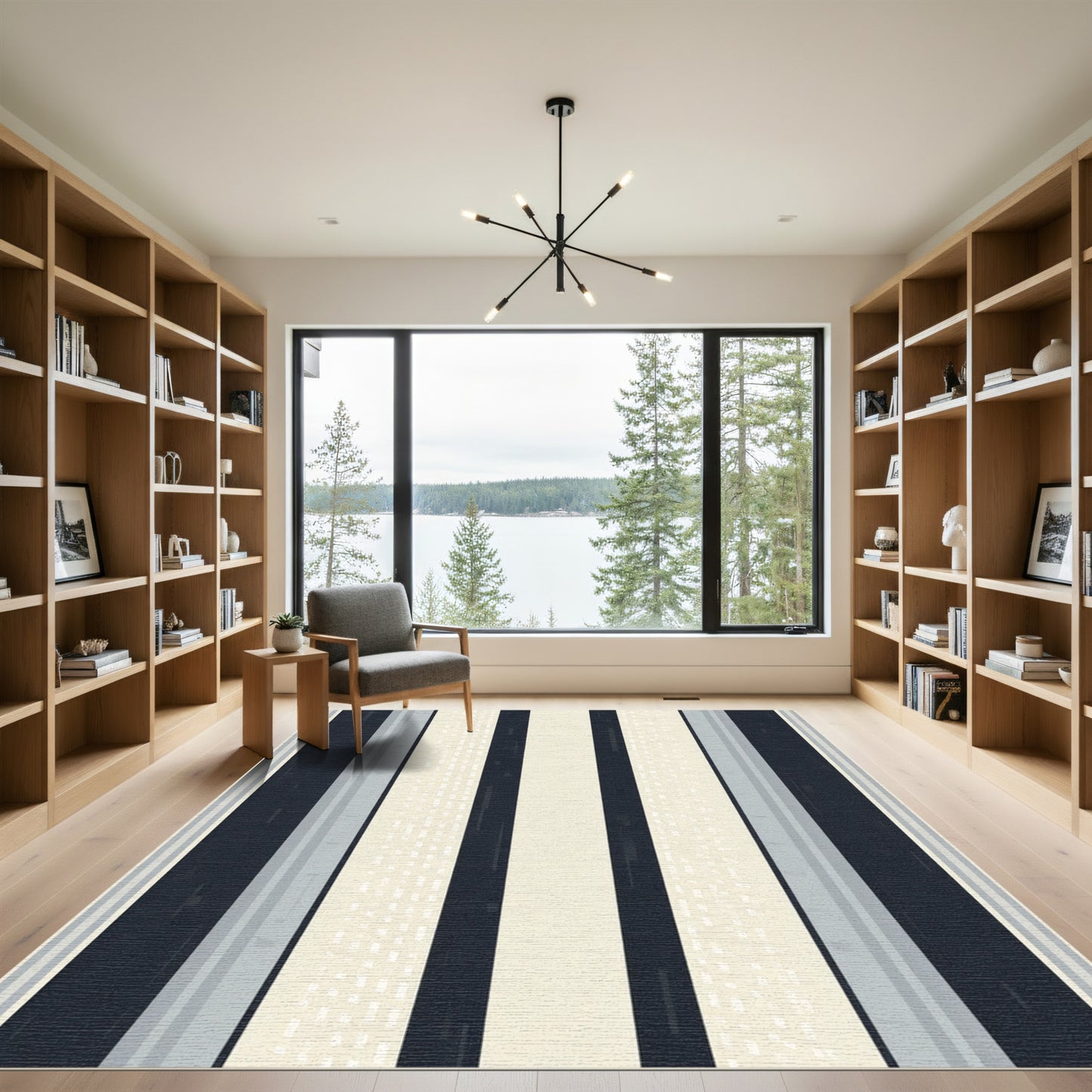 Modern Navy Cream Striped Rug