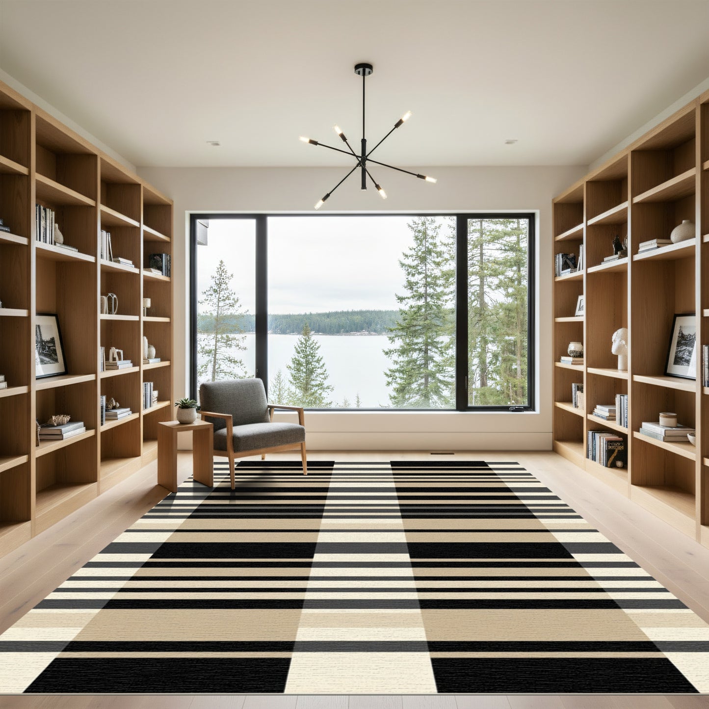 Classic Plaid Beige Black Stripe Rug