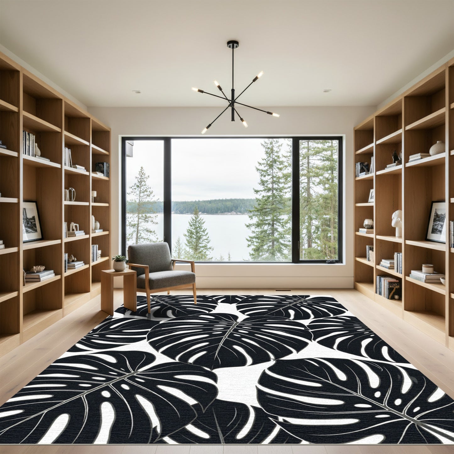 Monstera Leaves Black White Overlay Rug