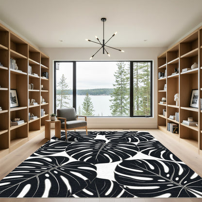 Monstera Leaves Black White Overlay Rug