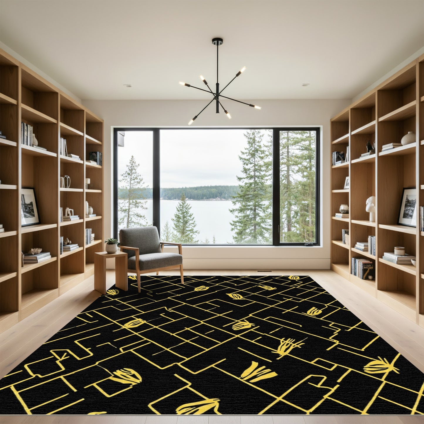 Golden Lines Abstract Floral Composition Rug