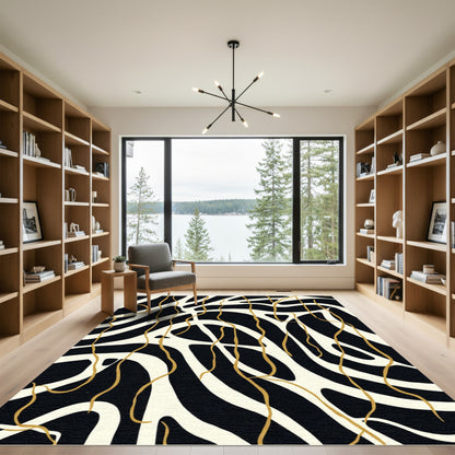 Black Cream Golden Abstract Waves Rug