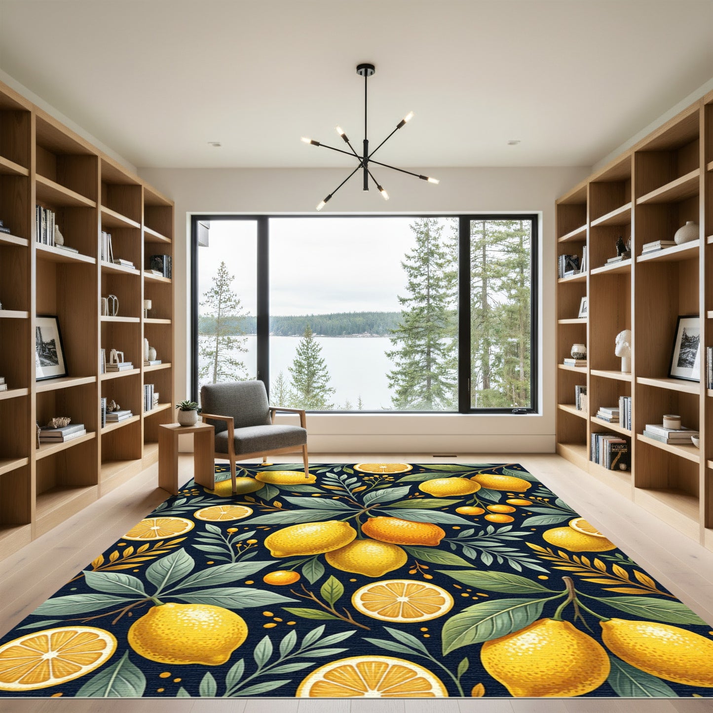 Vibrant Lemon Branch Botanical Navy Background Rug