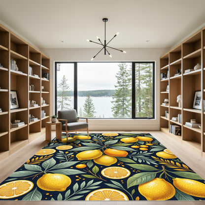 Vibrant Lemon Branch Botanical Navy Background Rug