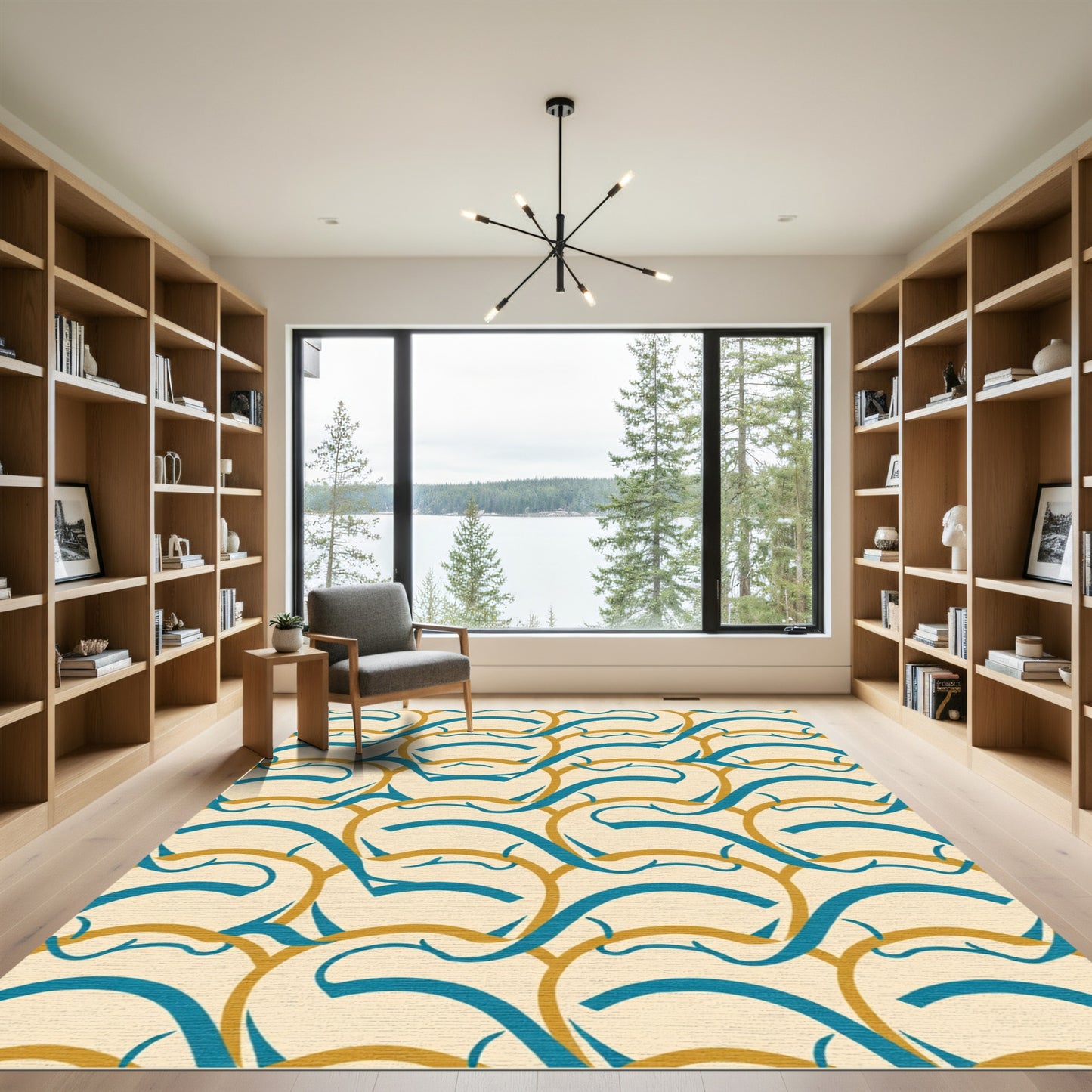 Teal And Gold Interlocking Waves Rug