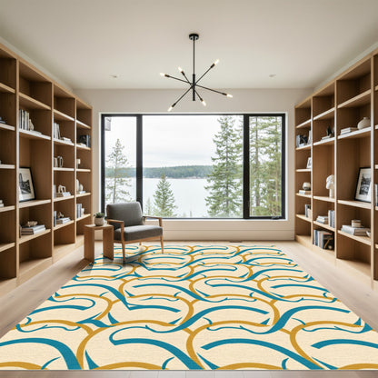 Teal And Gold Interlocking Waves Rug