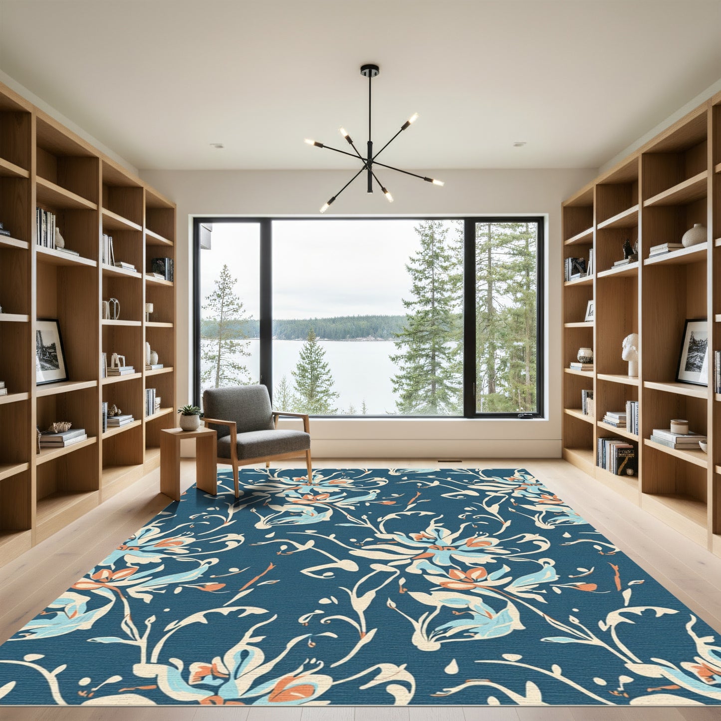 Earthy Blue Floral Scroll Rug