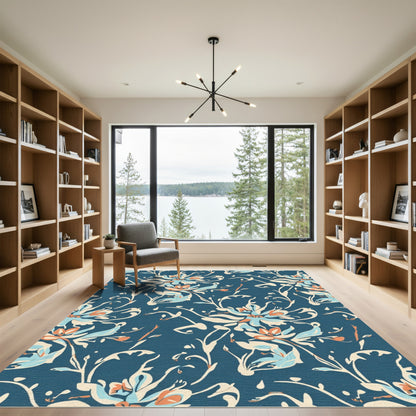 Earthy Blue Floral Scroll Rug