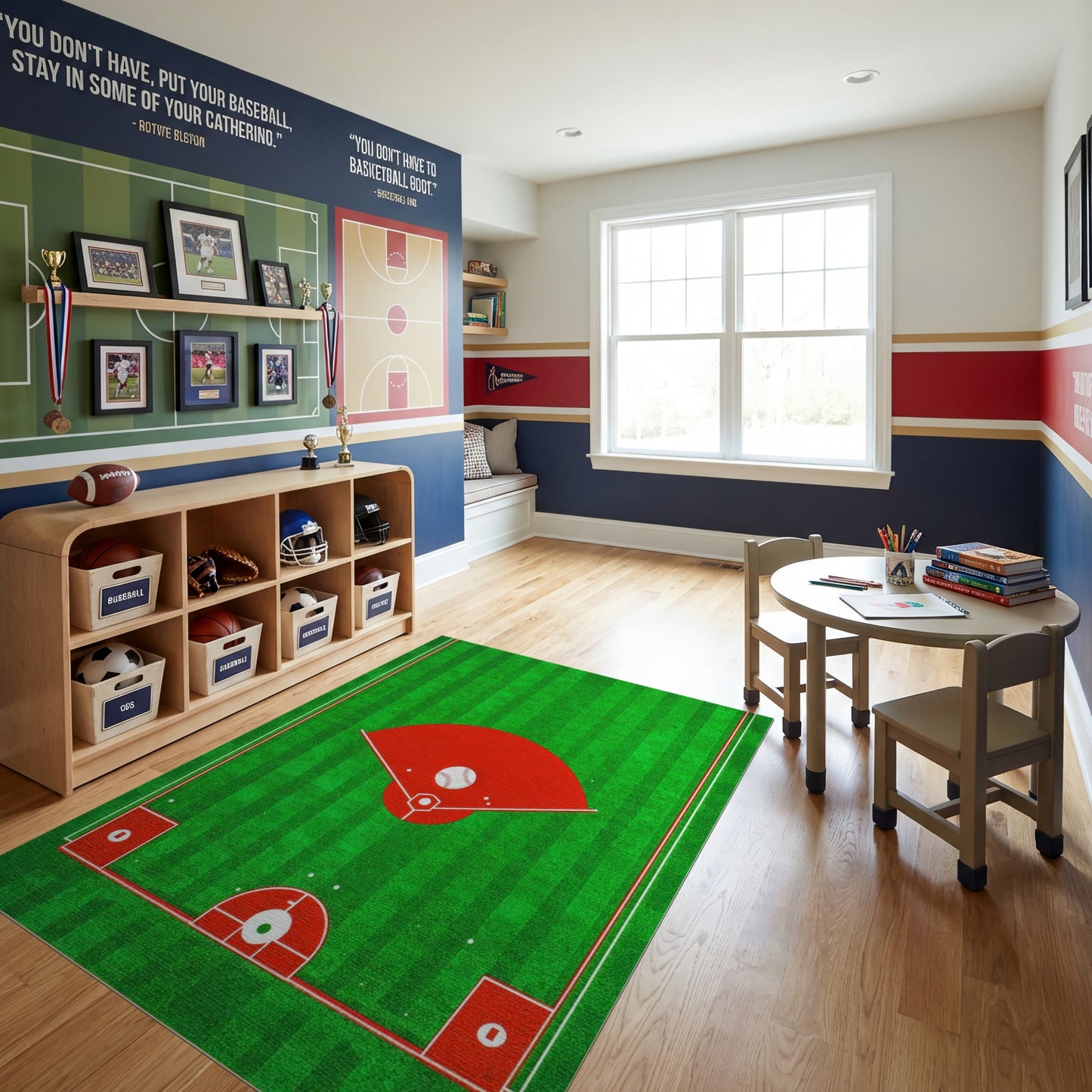 Green Striped Baseball Diamond Field Rug