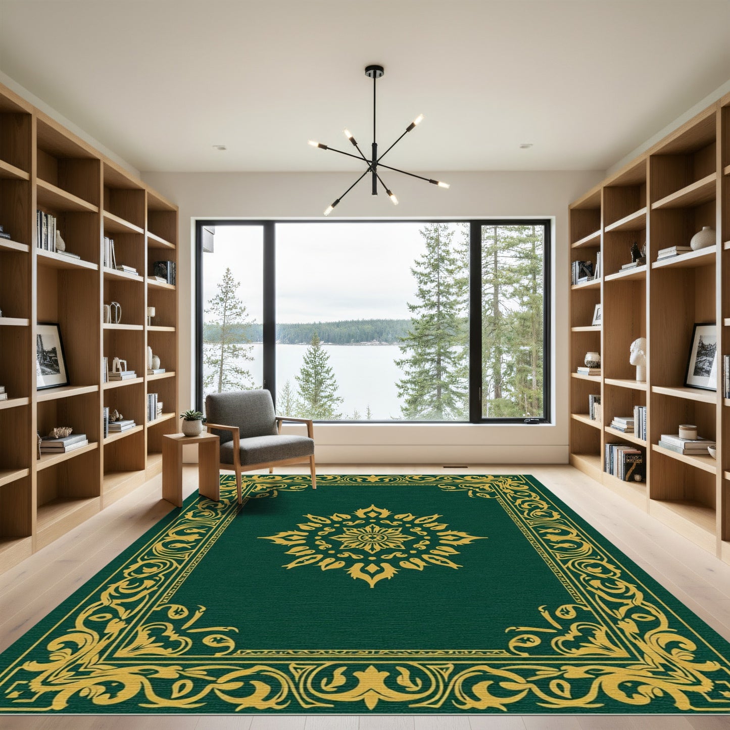 Dark Green Golden Medallion Mandala Rug
