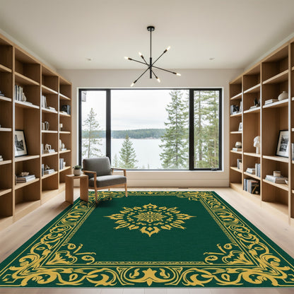 Dark Green Golden Medallion Mandala Rug