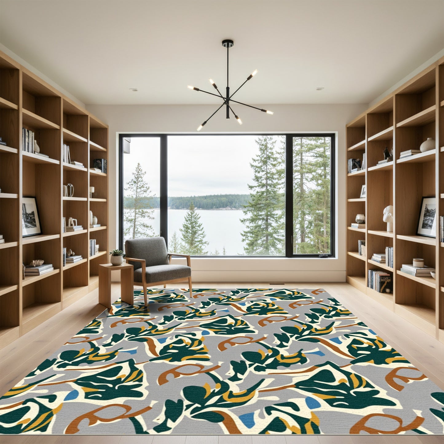Abstract Teal Gold Leaf Swirl Rug