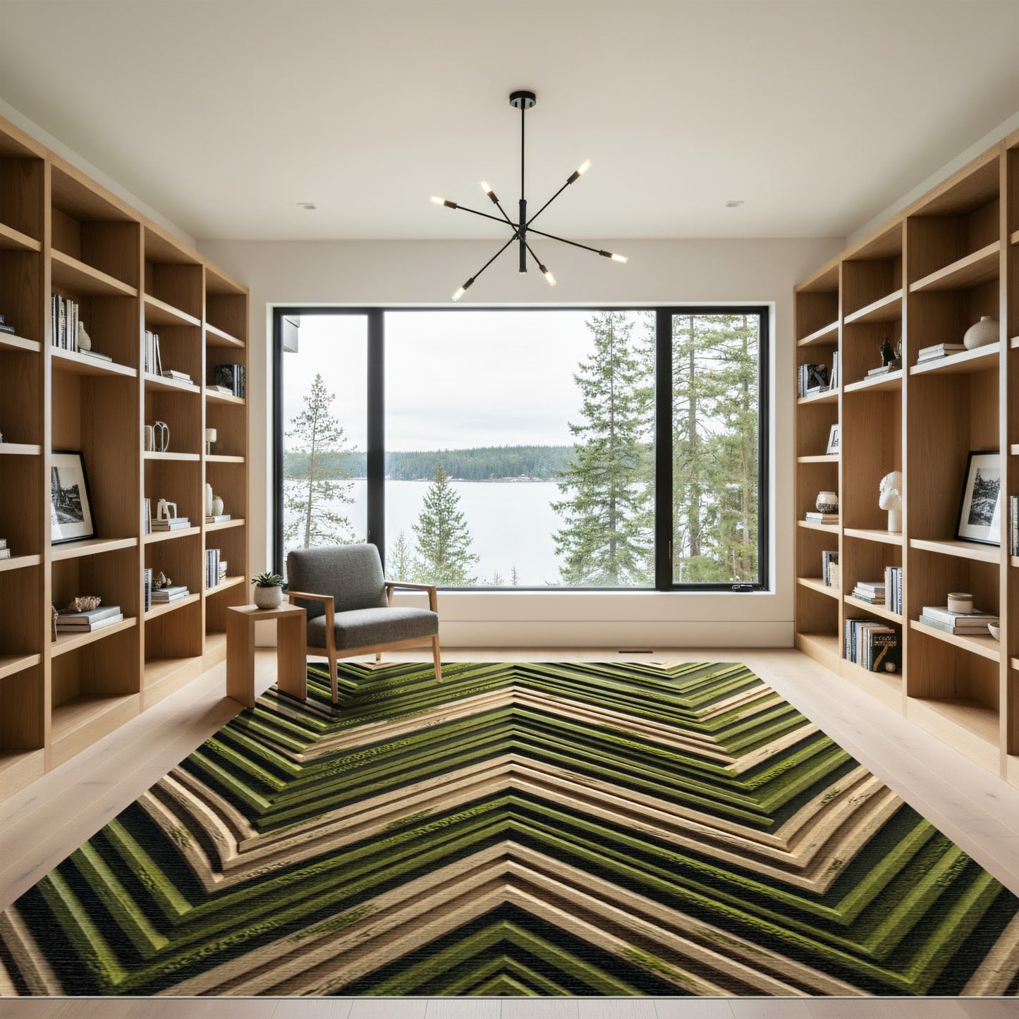 Zigzag Woodland Green Natural Wood Rug