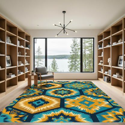 Geometric Hexagon Teal Ochre Burst Rug