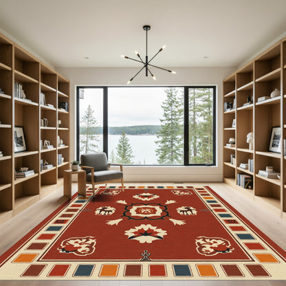 Rustic Red Animal Floral Medallion Rug