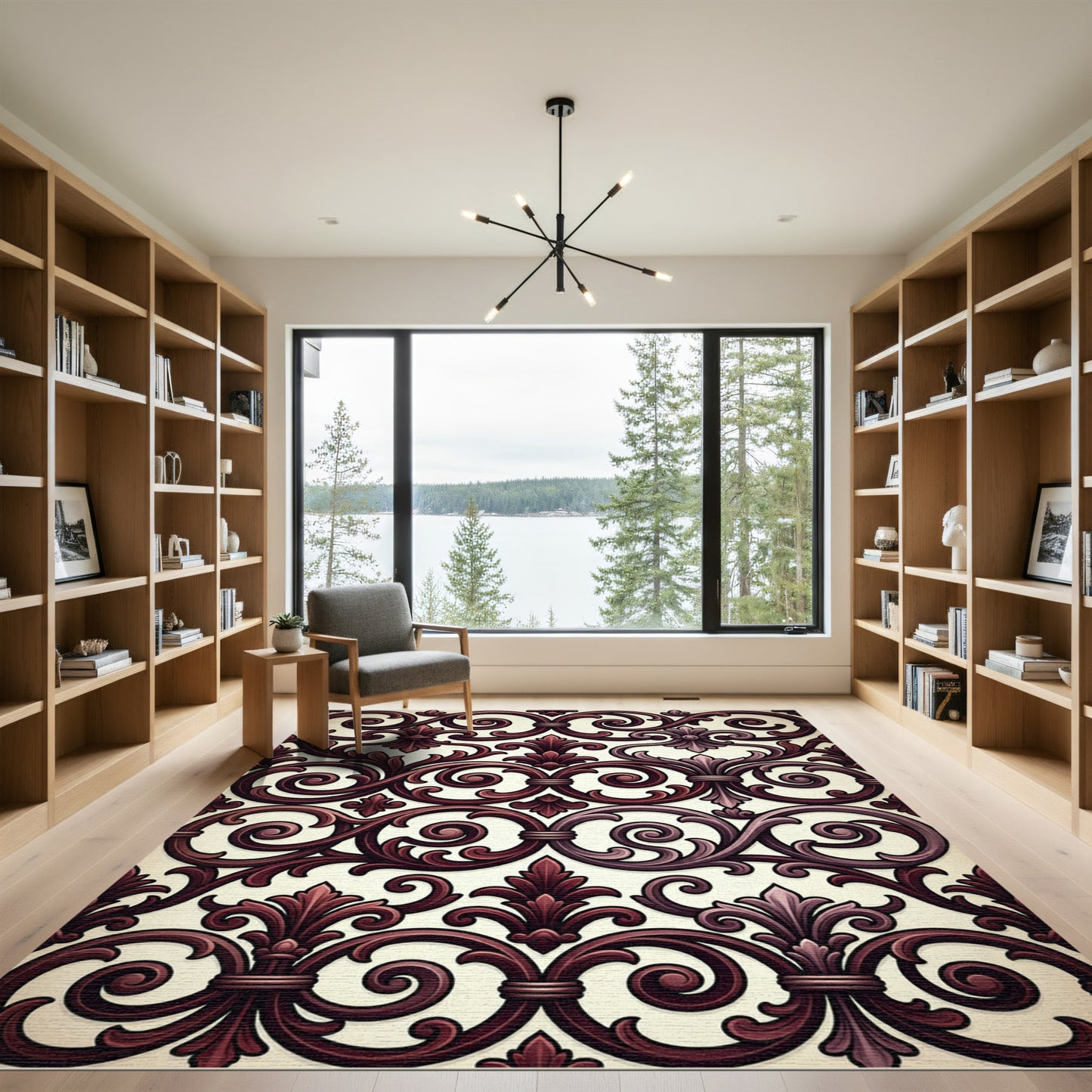 Elegant Burgundy Scrollwork Damask Rug