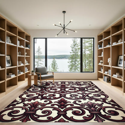 Elegant Burgundy Scrollwork Damask Rug