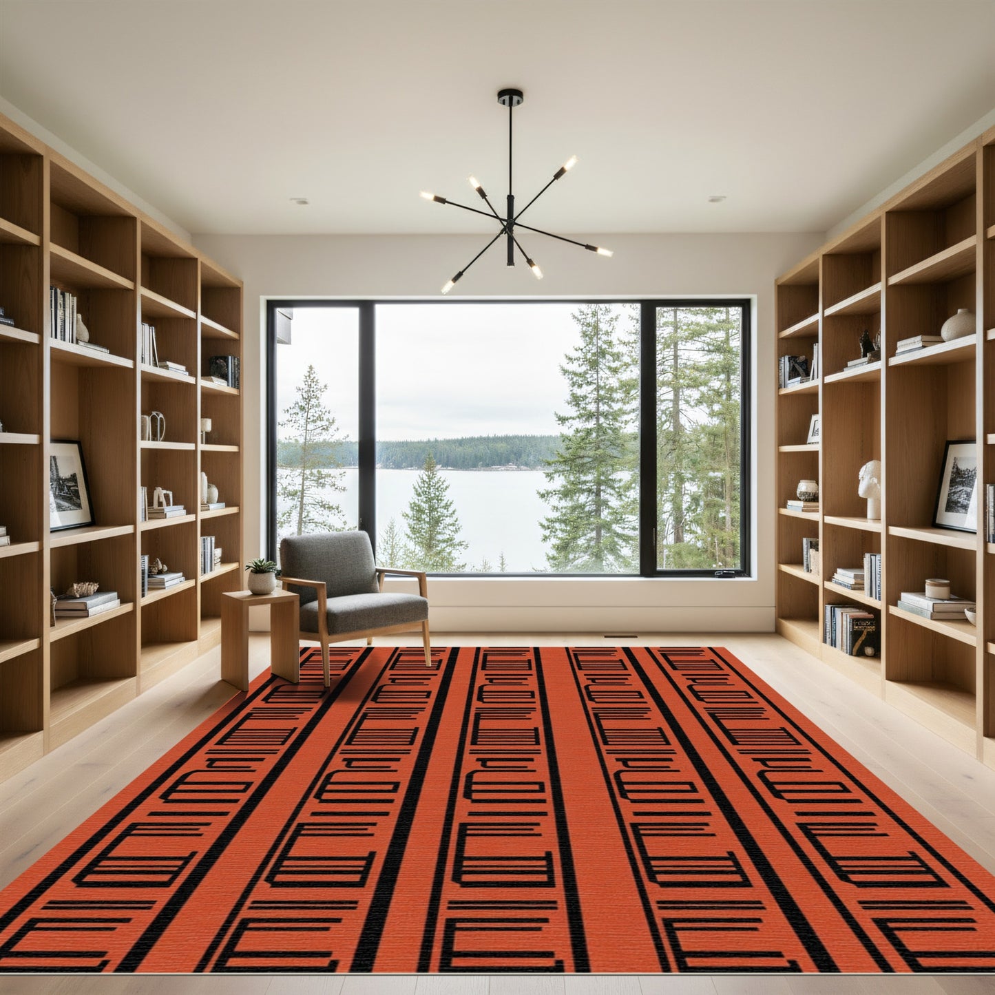 Terracotta Black Vertical Barcode Abstract Rug
