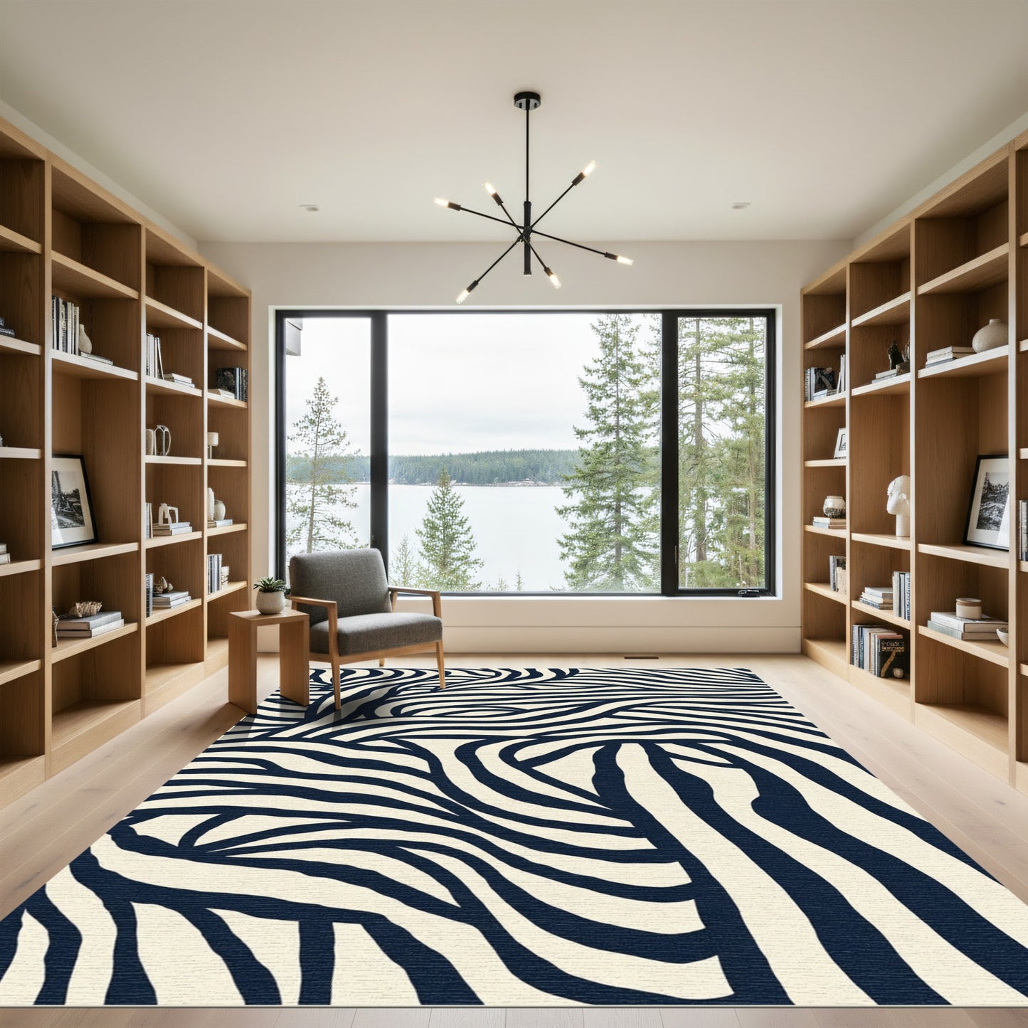Dark Blue Cream Zebra Stripe Movement Rug