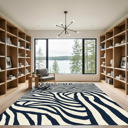 Dark Blue Cream Zebra Stripe Movement Rug