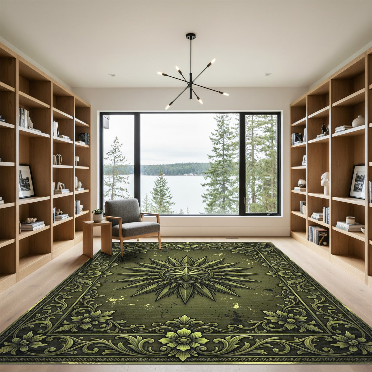 Vintage Olive Compass Rose Filigree Rug