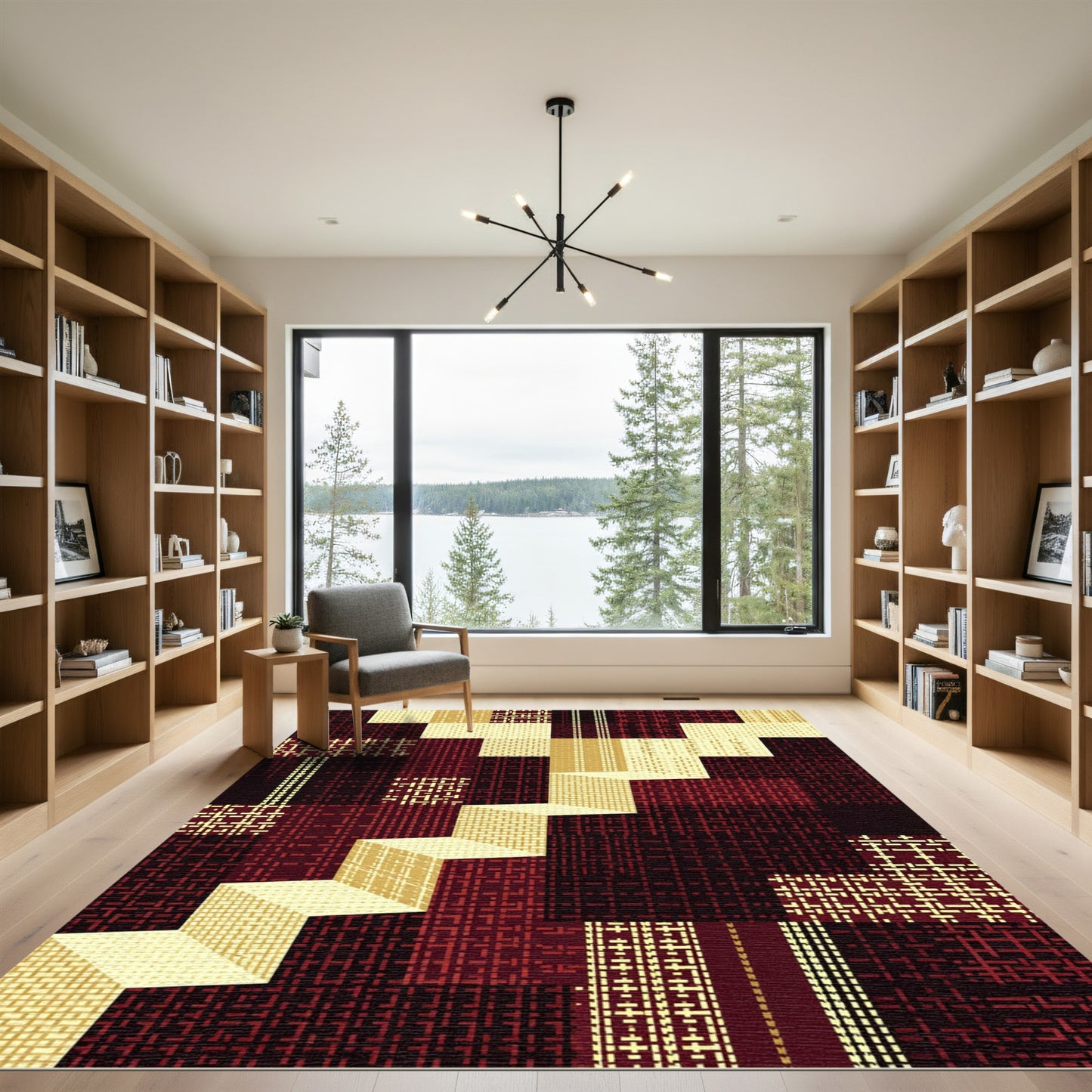 Geometric Stairs Burgundy Yellow Patchwork Rug