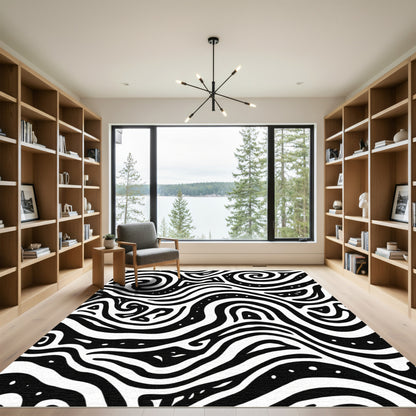 Abstract Black White Swirl Wave Rug