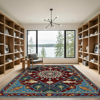 Crimson Blue Golden Fish Mandala Medallion Rug