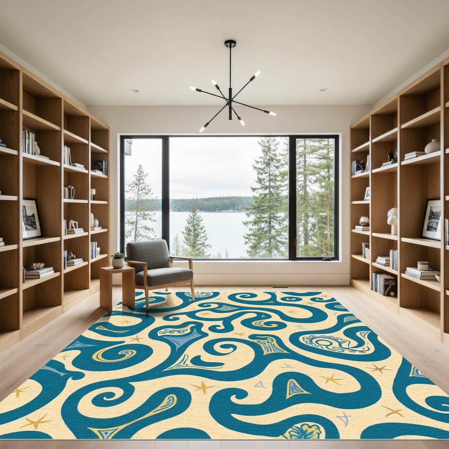 Teal Yellow Swirls Whimsical Bird Medallion Rug