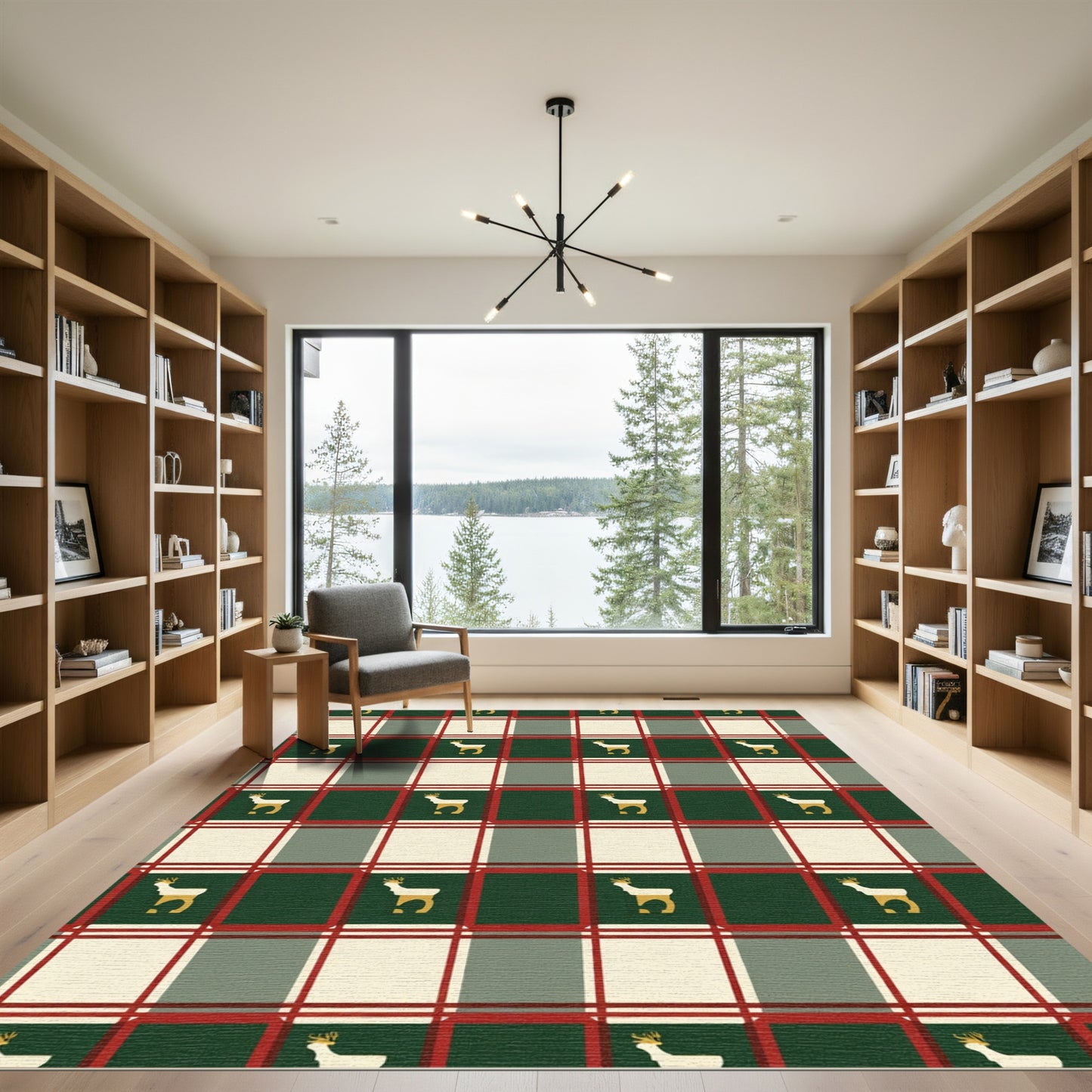 Festive Red Green Plaid Reindeer Rug