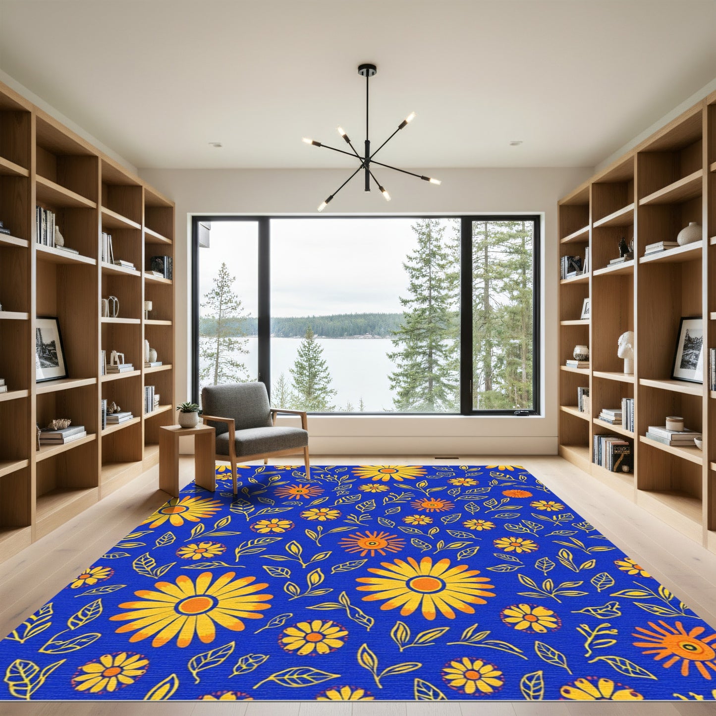Golden Sunburst Floral Pattern Rug