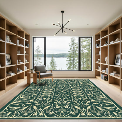 Dark Green Ivory Ornate Floral Scroll Rug